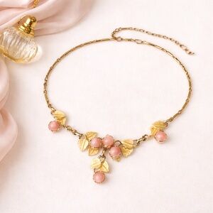 Vintage Pink Moonglow Necklace Gold Tone Floral 1950s Lucite Mid Century